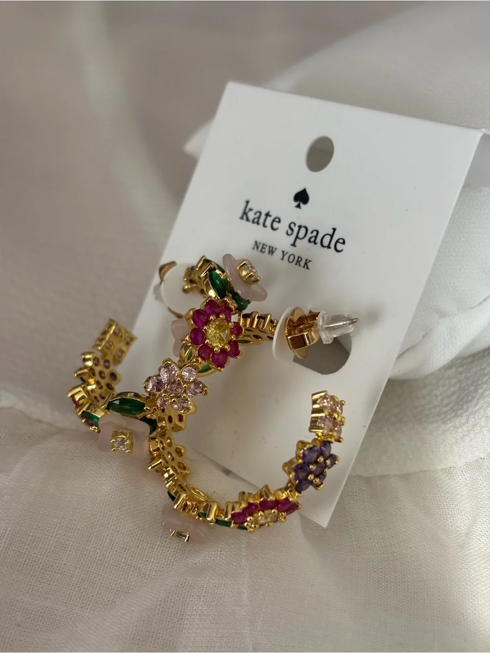 kate spade Gold Hoop Earrings with Pink, Purple, Green and Clear Stones